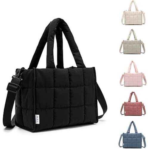 NOL Natural Organic Lifestyle Women's Nylon Lunch Cooler Quilted Tote Bag Puffy Insulated Lunch Bag for Women, Lightweight Waterproof Lunch Box for Work, Picnic, Outdoors,Black