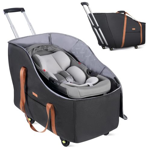 Infant Car Seat Travel Bag with Wheels Fits Chicco KeyFit 35, Doona Car Seat Stroller Base, Nuna Pipa, Padded Car Seat Bags for Airplane, Gate Check Bag, Removable Cover for Air Travel,Black-L
