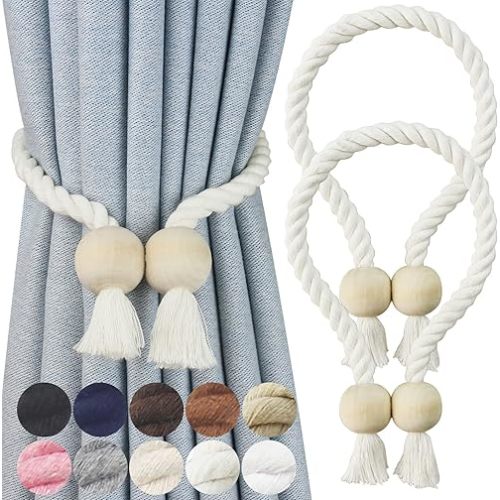 2 Pack Magnetic Curtain Tiebacks Cotton Hand Woven Tie Back Decorative Rope Holdbacks for Curtains Draperies No Tools Required, Cream