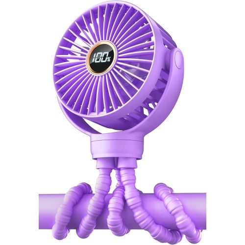 Portable Stroller Fan, Mini Baby Fan Clip on Fan, LED Display, 360° Rotate Flexible Tripod, Rechargeable Small Personal Handheld Fan Cooling Desk Fan for Car Seat Crib Treadmill Travel, Lavender