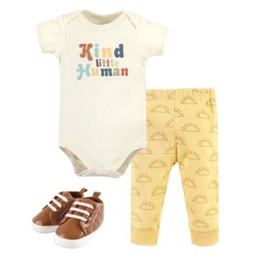 Hudson Baby Infant Boy Cotton Bodysuit, Pant and Shoe Set, Kind Human, 9-12 Months