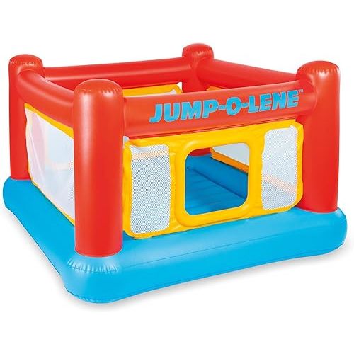 Intex Inflatable Jump-O-Lene Trampoline Bounce House with Crawl-Thru Door & Net - Indoor & Outdoor Backyard Blow-Up Bouncy Playhouse for Kids Ages 3-6