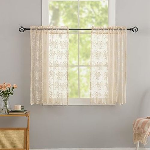 Beige Kitchen Window Curtains Over Sink 2 Panels Short Lace Cafe 36 inch Curtains for Basement Kitchen Bathroom, Scalloped Edges, Light Filtering, Rv Curtain for Camper Windows Each 26x36 Inch
