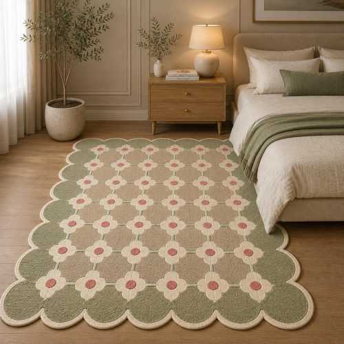 Scalloped Floral Rug, Sage Green Wool Rug, Handmade Tufted Area Rug, Cottagecore Rug, Bedroom Nursery Rug