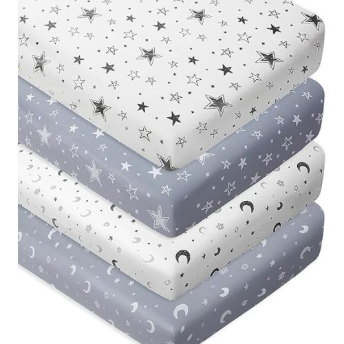 4 Pack Star and Moon Neutral Unisex Fitted Baby Sheets Set for Baby Boys or Girls (Crib Sheets)