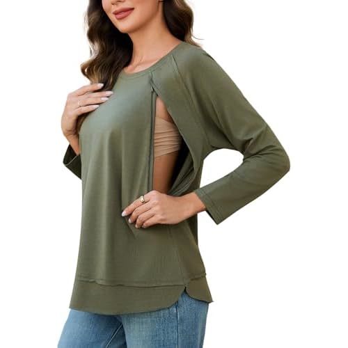 Ecavus Women's Nursing Shirts for Breastfeeding with Zipper Long Sleeve Defined Seams Comfortable Breastfeeding Shirts