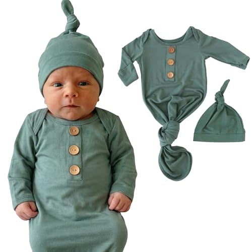 Caden Lane Newborn Knotted Gown with Hat, Soft Bamboo Viscose Baby Sack, Unisex Infant Breathable Night gown Emerald
