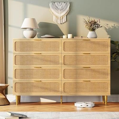 GarveeHome Rattan 8 Drawer Dressers for Bedroom, Tall Dresser with Deep Drawers, Large Chest of Drawers for Closet with Wide Top, Long Wooden Dresser for Living Room, Hallway, Kids Room, Natural