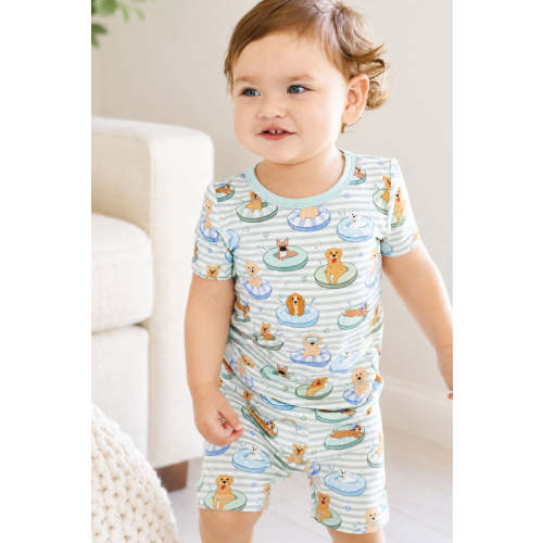 Two Piece Bamboo Short Pajamas in Poolside Pups Blue | Caden Lane