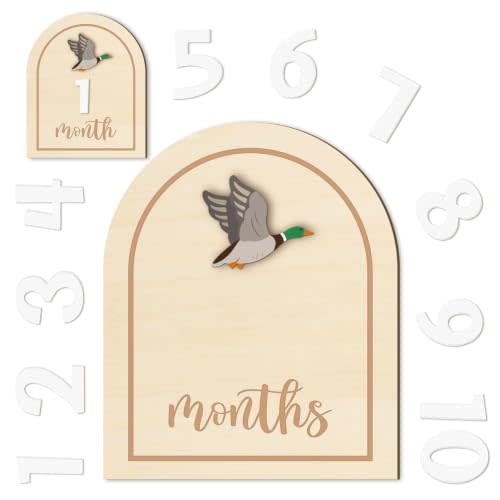 R HORSE 3D Mallard Duck Baby Monthly Milestone Cards with Number Cards | Wooden Monthly Milestone Discs, Newborn Months Signs Announcement, Baby Shower Photo Prop Gifts for Girls Boys, 14 Pieces