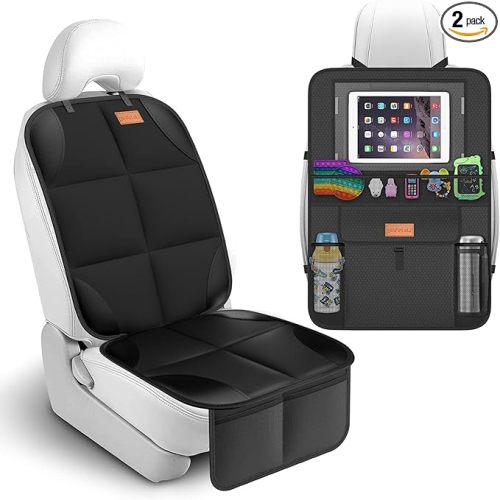 Non-Slip Backing Backseat Car Organizer Kick Mat with Storage Pockets, Large Waterproof Baby Car Seat Protector for Leather and Fabric (Black)