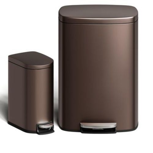 13.2 Gal and 2.6 Gal Stainless Steel Trash Can Combo Set - Step-on Kitchen Garbage Bin, with Inner Bucket & Soft Close Lid, Brown