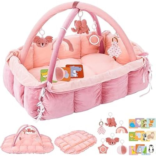 5-in-1 Plush Baby Play Gym, Baby Play Mats, Convertible Baby Gym, Tummy time mat, 6 Sensory Toys, Activity Center, Ball Pit, Light Pink