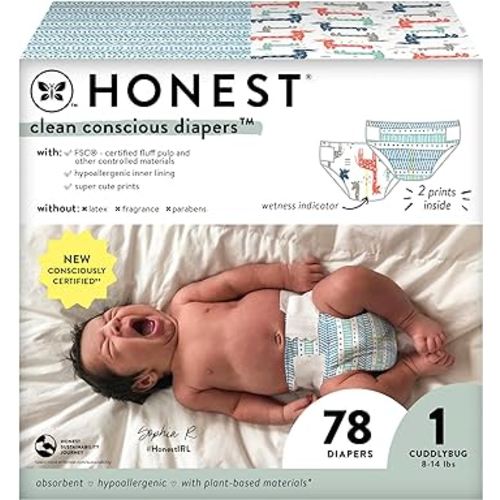 The Honest Company Clean Conscious Diapers | Plant-Based, Sustainable | Dots & Dashes + Multi-Colored Giraffes | Club Box, Size 1 (8-14 lbs), 78 Count