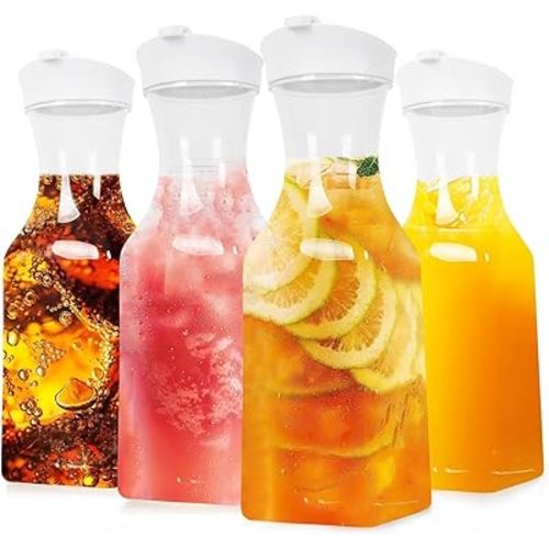 Set of 4 Plastic Carafe with Lid, 1 Liter Mimosa Bar Supplies, Large Square Base Juice Containers, Water Bottle, Milk Container, Clear Beverage Containers for Fridge - HAND WASH ONLY