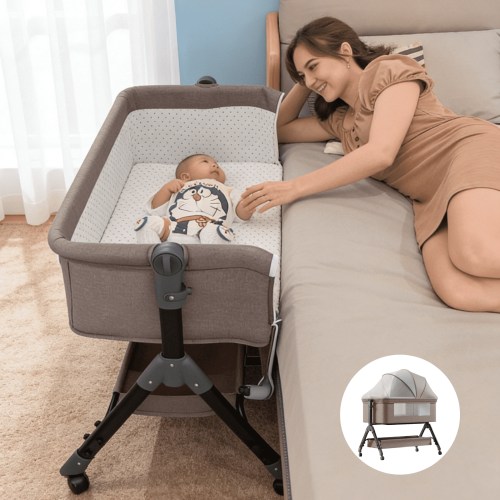 4-in-1 Baby Bassinet,Adjustable Newborn Bedside Sleeper Bassinet with Changing Table, Wheels for 0–36 Months (Beige)