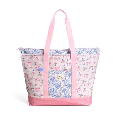 Itzy Ritzy Canvas Tote Bag - Zip-Top Closure, Roomy Main Compartment & 4 Pockets - Lightweight Cotton Canvas Carryall for Moms - Perfect for Travel, Beach, Errands & Everyday (Ribbons & Bows)
