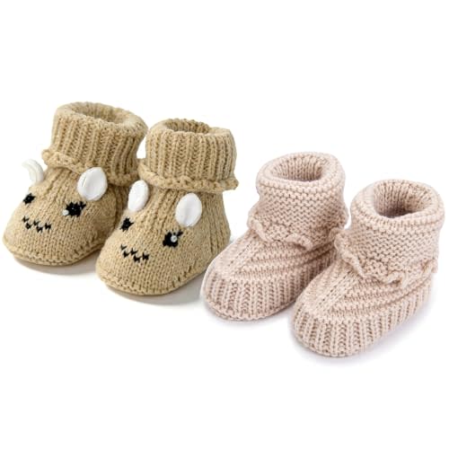 2 Pairs Baby Booties Newborn Baby Hand Crochet Knit Boots Infant Soft Cozy Warm Shoes for Toddler Girls Boys