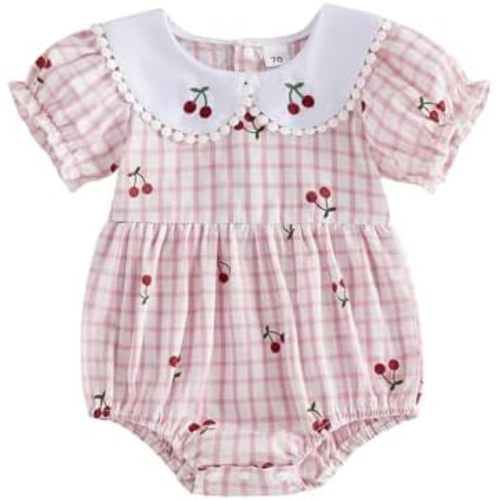 Baby Girl Summer Outfits Newborn Flower Embroidered Eyelet Ruffled Hem Short Sleeve Romper and Bow Headband Set