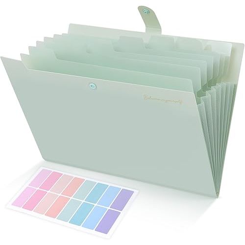 SKYDUE Expanding File Folder, Accordion File Organizer with 8 Pocket, Expandable Document Paper Receipt Holder for School Office Hospital, Letter/A4 Size Light Green