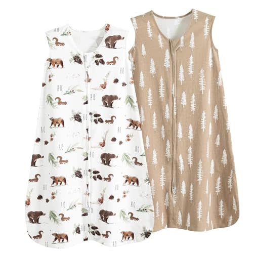 david's kids 100% Organic Cotton Baby Sleep Sack 12-18 Months, Ultra Soft Baby Wearable Blankets with 2-Way Zipper, 2 Pack Comfy Toddler Sleeping Bags for Boys Girls Neutral, Large Size, Woodland