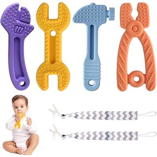 4 Pack Chew Baby Teething Toys for 0-12 Months, Freezable BPA Free Silicone Baby Molar Teether Chew Toys, Hammer Wrench Spanner Pliers Shape Baby Girl's Boy Car Seat Toy