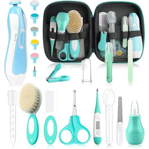 Baby Grooming Kit, Electric Safety Nail Trimmer Baby Nursery Kit，Infant Safety Care Set with Hair Brush Comb Nail Clipper Nasal Aspirator,Baby Essentials Kit for Newborn Girls Boys (20 Pc Green Kit)
