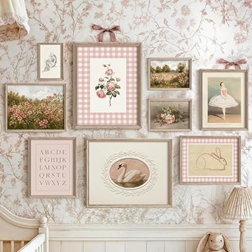 Vodefoad Pink Nursery Wall Art Set Retro Baby Girl Nursery Wall Decor Cute Kids Room Decor Swan Rabbit Landscape Canvas Painting Vintage Girls Gallery Art Antique Pink Nursery Poster for Kids Bedroom, Nursery Room Decor- Unframed
