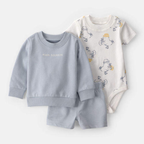 Baby Boy 3-Piece 'Main Squeeze' Sweatshirt, Bodysuit & Short Set - Blue | Carter’s Oshkosh Canada