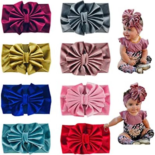 Lawie 8 PACK Elastic Stretchy Elastic Soft Wide Velvet Bowknot Bow Headbands Hairband Knot Turban Headwraps Hair Bows Accessories for Kids Toddler Infant Newborn Baby Girl Bulk
