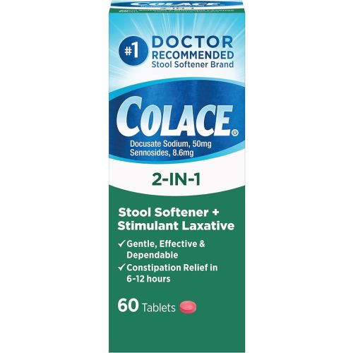 Colace 2-in-1 Stool Softener Plus Stimulant Laxative Tablets, 60 Count (Pack of 1), Gentle Constipation Relief, Docusate Sodium Plus Sennosides