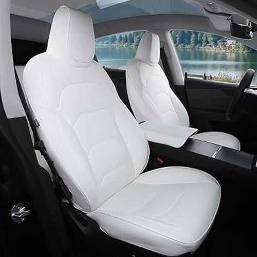 Tesla Model Y Seat Covers 2025 2026 Full Coverage Nappa Leather Car Seat Cover Interior Full Set Accessories Airbag Compatible Cushion Cover Custom Fit(White,5-Seater)