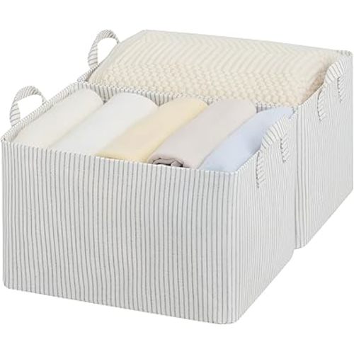StorageWorks Storage Bins, Fabric Storage Bins for Shelves, Large Storage Baskets with Metal Frame, Closet Baskets and Bins with Handles, Khaki and Beige Stripes, 2-Pack