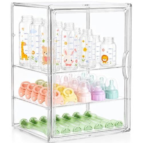 Baby Bottle Storage Organizer, Large 3 Tier Acrylic Bottle Storage Organizer Container for Countertop, Clear Plastic Bottle Station Organizers for Kitchen Cabinet Vanity Bathroom, Gifts for New Mom