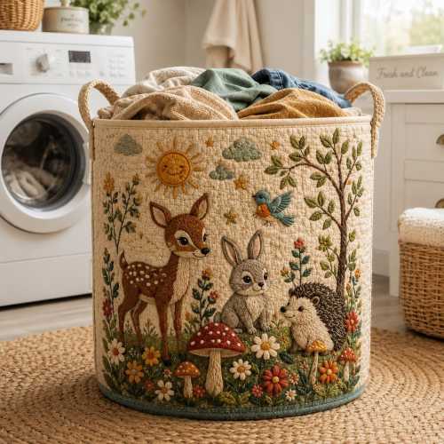 Woodland Animals Quilted Laundry Basket, Cute Fox Raccoon Owl Storage Hamper, Kids Room Toy Basket, Nursery Decor Organizer