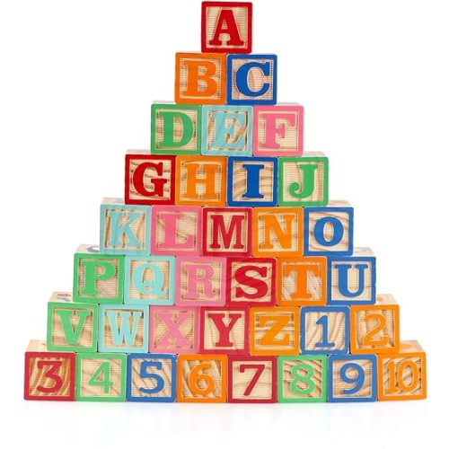 Wondertoys 36PCS Wooden ABC Blocks Number Blocks for Toddlers Stacking Wood Alphabet Building Games 1.65'' Large Montessori Educational Toys for Baby Stacking, Learning