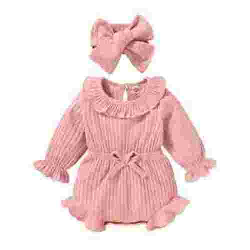 Infant Baby Girl Fall Winter Sweater Romper + Headband Long Sleeve Warm Jumpsuit Ruffled Bodysuit 1-18M