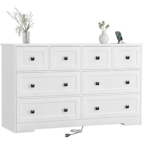 8 Drawer Dresser for Bedroom with Power Outlets Wide Chest of Drawers with Smooth Guide Rail Modern Wooden Dressers with Metal Handle Large Closet Dressers for Bedroom Living Room Hallway Closet White