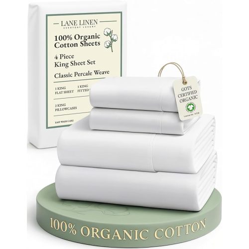 LANE LINEN 100% Organic Cotton King Size Sheets Set, Soft & Comfy All Season Breathable Sheets King Size, Percale Weave Fully Elasticized Eco Friendly Naturally Cooling King White Bed Sheets