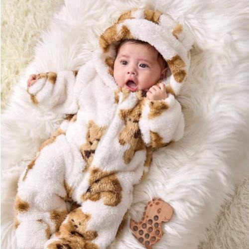 SHEIN Newborn Baby Boy/Girl Cute Warm Hooded Plush Cartoon Design Jumpsuit, Autumn/Winter | SHEIN USA