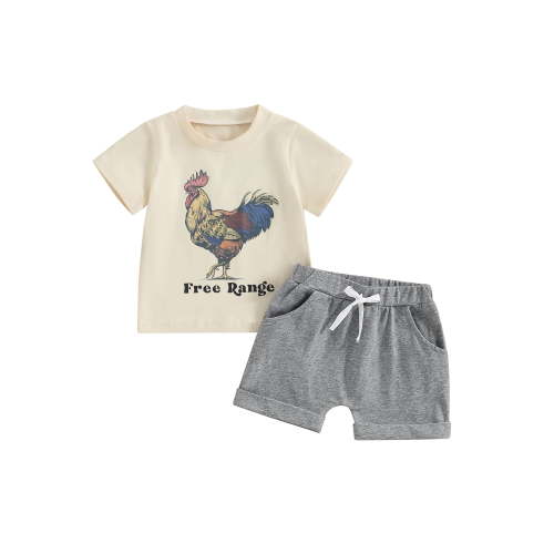 2Pcs Baby Kids Boy Summer Outfits 0 6 12 18 24 Months 2T 3T 4T 5T Short Sleeve Rooster Print T-Shirt + Shorts Set Infant Clothing