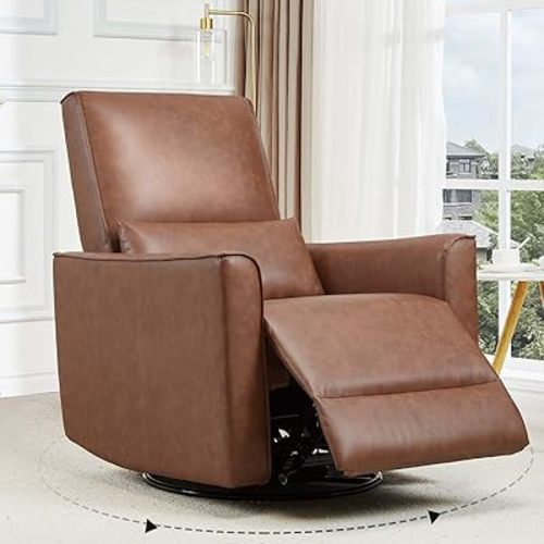 GAOMON 360° Swivel Rocking Recliner Chair, Glider Rocking Chair, Upholstered Faux Leather Reclining, Manual Recliner Chair with Lumbar Support, Nursery Rocker Recliner for Living Room, Bedroom, Brown