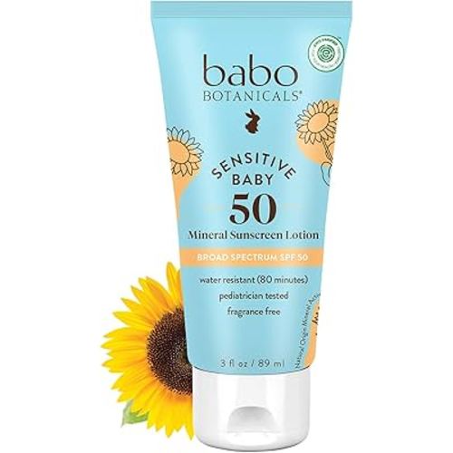 Babo Botanicals Sensitive Baby Mineral Sunscreen Lotion SPF50 - Natural Zinc Oxide - Face & Body - Fragrance-Free - Water-Resistant - EWG Verified - Vegan - Extra Sensitive Skin - For Babies & Kids