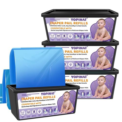 Diaper Easy Roll Bags Refill 4 Pack Compatible with Genie Easy Roll Signature & Platinum Pails 120 Refills Holds Up to 5600 Newborn Diapers Extra Thickness 7-Layer Odor-Lock Technology Plant Scent