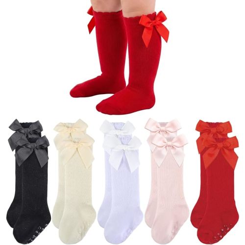 Baby Knee High Socks Girls Newborn Infants Toddlers Cotton Bow Ruffle Long Socks Non Slip Stockings Dress Socks