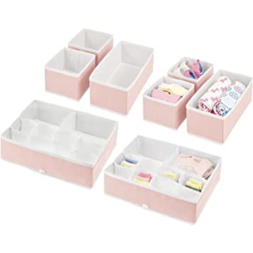 mDesign Fabric Drawer Organizer Bins, Kids/Baby Nursery Dresser, Closet, Shelf, Playroom Organization, Hold Clothes, Toys, Diapers, Bibs, Blankets, Jane Collection, Set of 4, 2 Pack, Pink/White