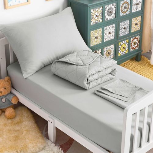4 Piece Toddler Bedding Set, Soft Crib Bedding Set, Includes Quilted Comforter, Fitted Sheet, Flat Sheet and Pillowcase, Light Gray - NTBAY