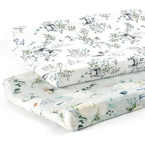 Stretch Ultra Soft Jersey Knit Changing Pad Cover Set 2 Pack, Change Table Pad Covers Fit 32"/34" x 16" Pads Safe and Snug, Stylish Watercolor Rose and Flora Pattern for Girls