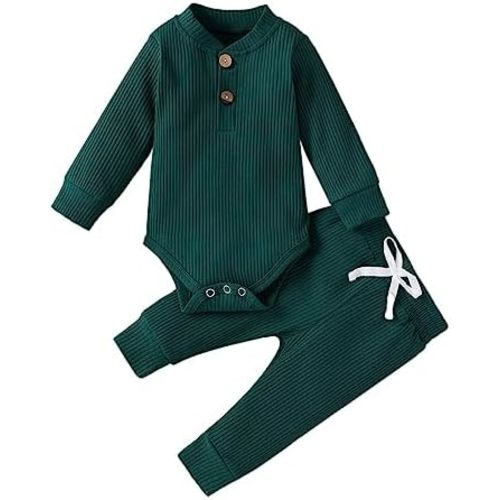 Newborn Baby Boy Girl Clothing Set Ribbed Outfits Infant Solid Long Sleeve Bodysuit Tops Pants 2PCS Christmas Dress 2t