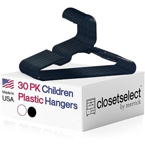 Childrens Hangers 30 Pack - 11.75 Inch Plastic Kids Hangers for Closet, Baby Hangers for Children Clothes Sizes 0 to 8, Non-Slip Infant Hangers with Shoulder Grooves, Made in USA | Black